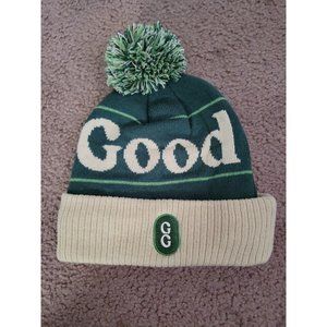 New Green & Cream Knit Cap with Pom Pom one Size Fleece Lined
